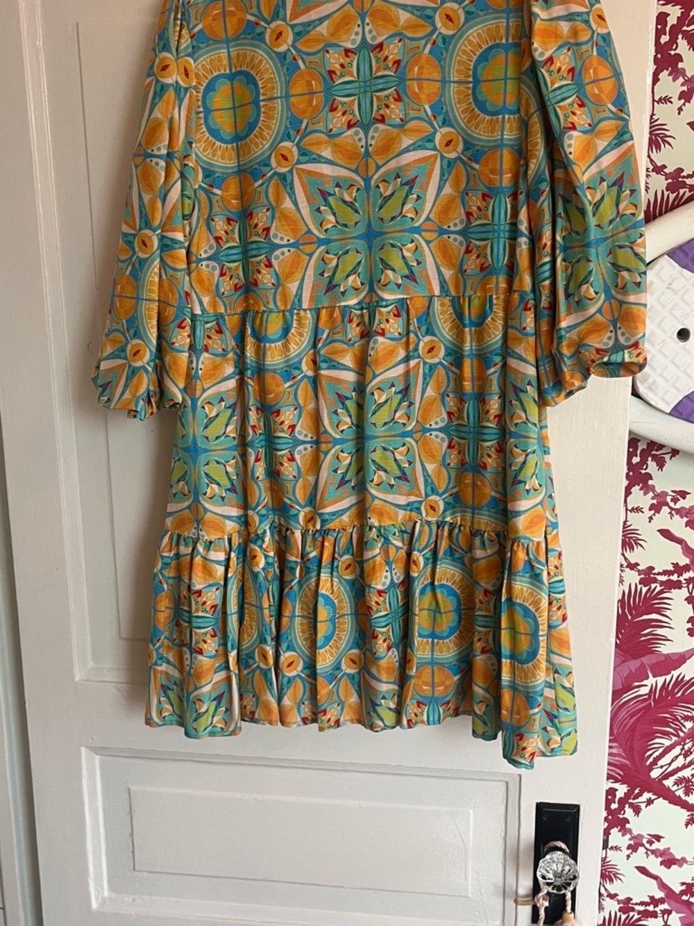 Turquoise & Yellow Printed Mini Dress with V-Neck Detail - Picture 2 of 2